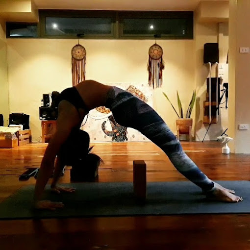 Yoga stretching session in tropical setting